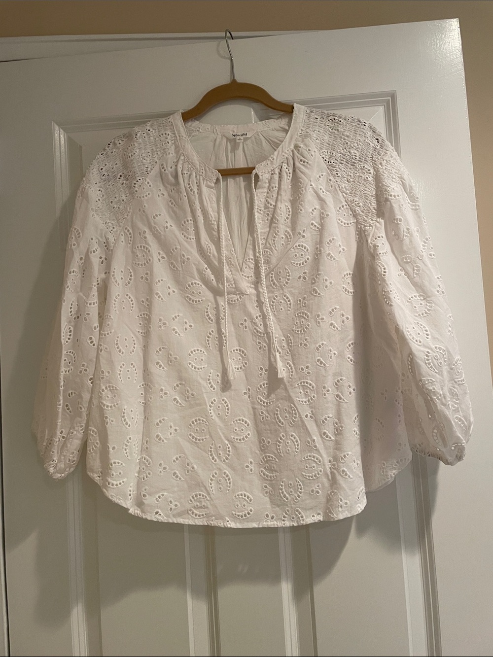 Splendid White Eyelet Tie-Neck Peasant Blouse